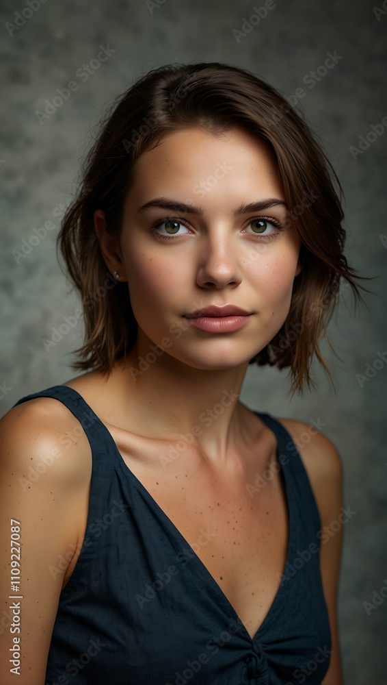 Woman posing for a portrait against a studio background. Woman posing for a portrait against a studio background.