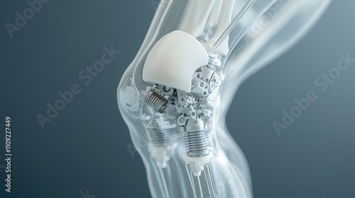 Artificial Knee and Joint Concept, Detailed View of Transparent Artificial Knee Implant with Layered Components and Mechanisms