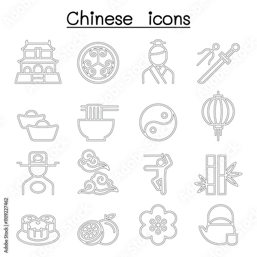 Chinese icon set in thin line style