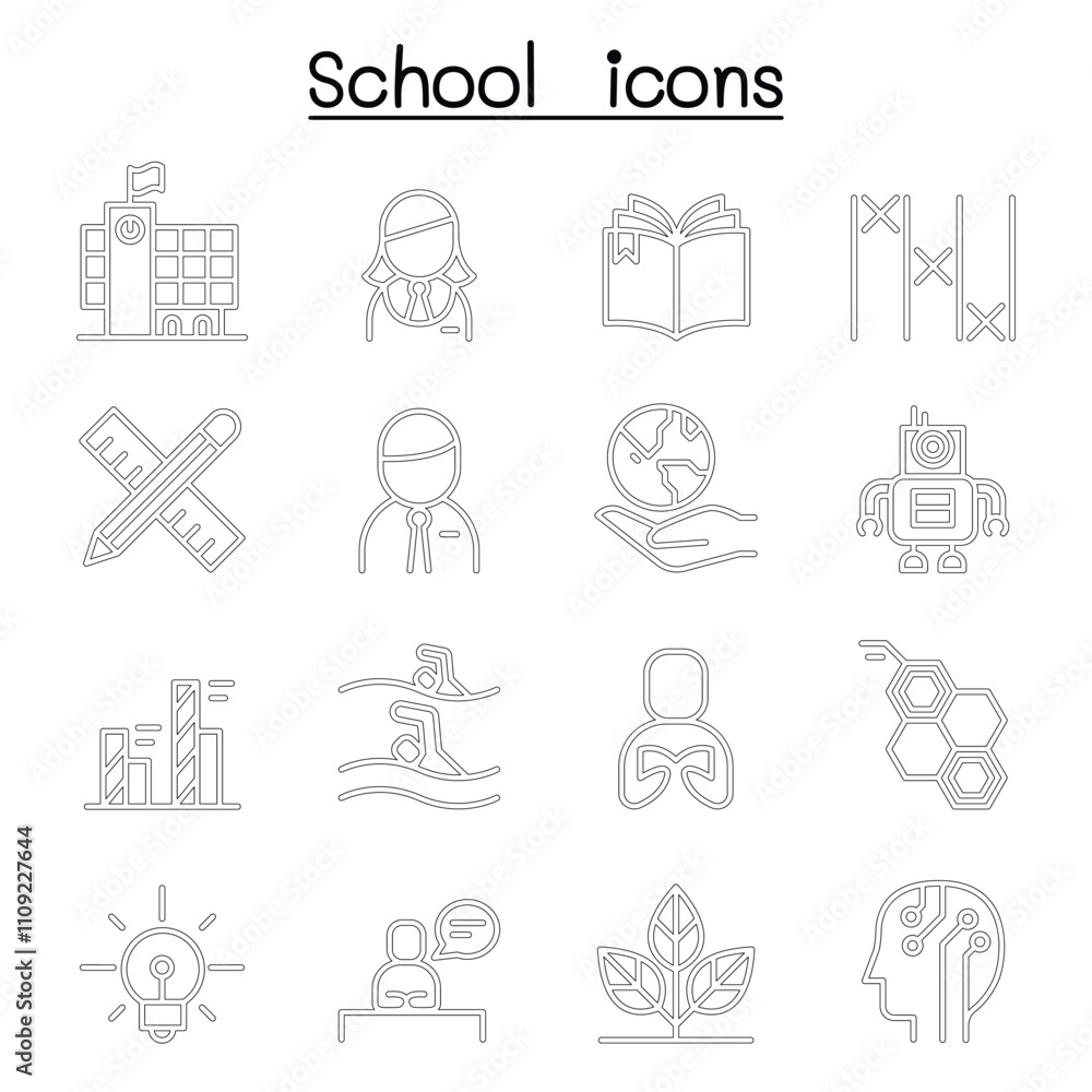 School , Learning & Education icon set in thin line style School , Learning & Education icon set in thin line style