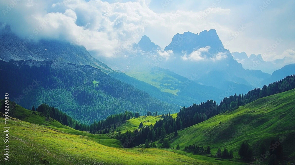 A valley with lush green hills and mountains A valley with lush green hills and mountains