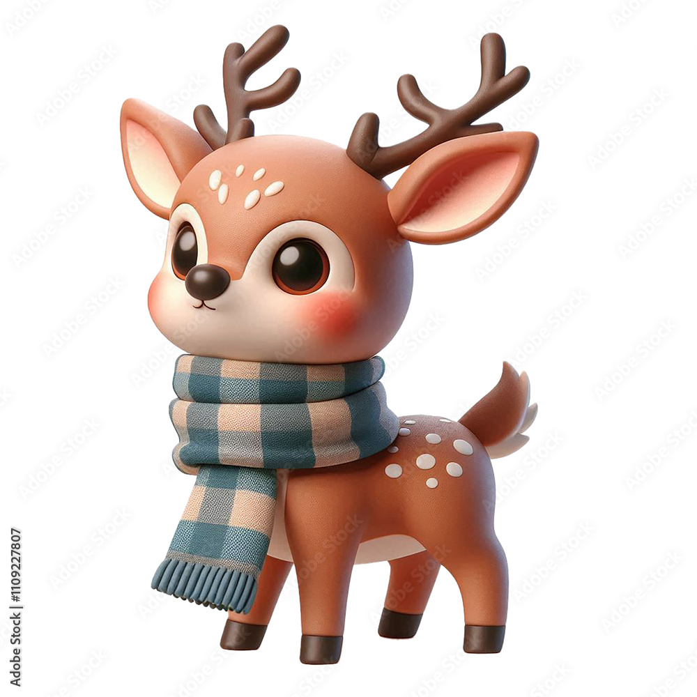 Obraz premium A cute 3D christmas reindeer with a scarf on a white background.