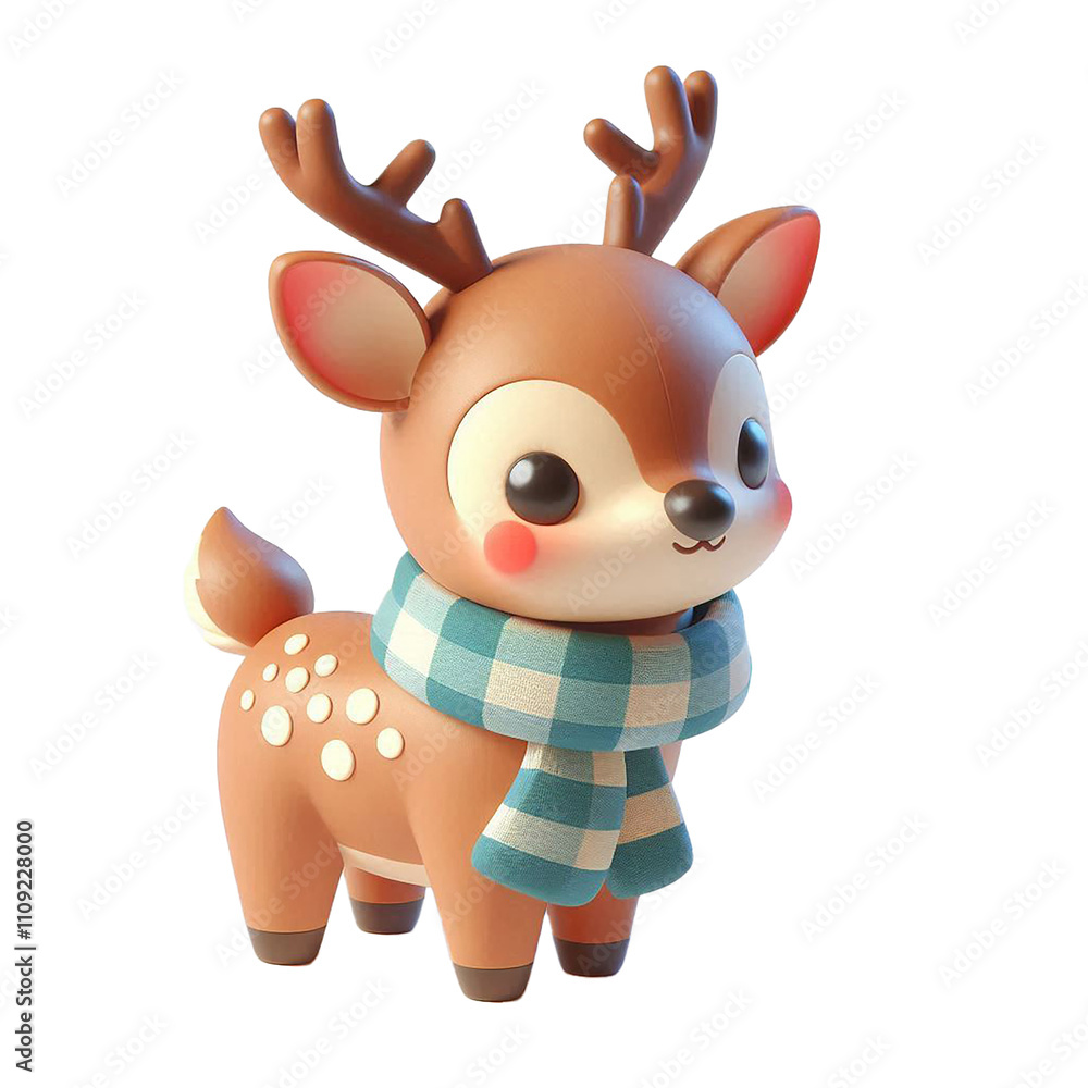 Obraz premium A cute 3D christmas reindeer with a scarf on a white background.