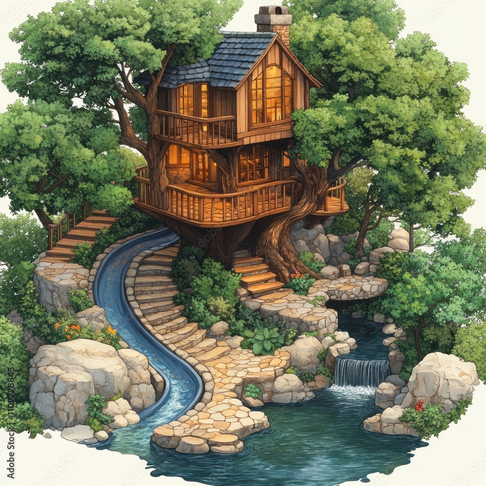 Fototapeta premium A whimsical treehouse nestled among lush greenery with a winding path and serene water features.