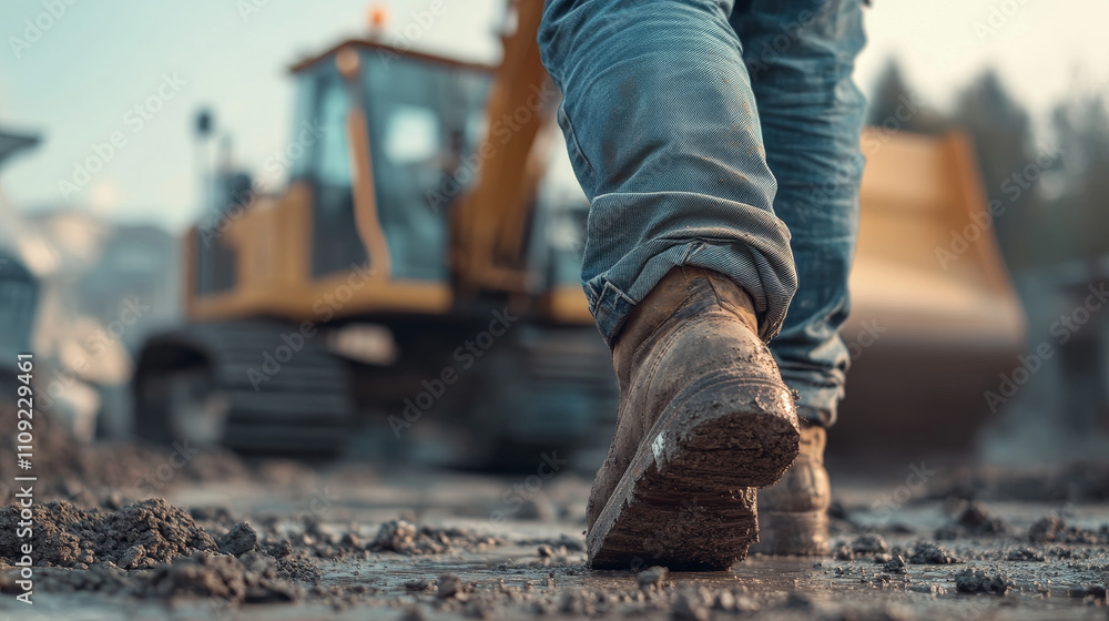 Mud-covered boots on rugged terrain with jeans in the background
Mud-covered boots on rugged terrain with jeans in the background
