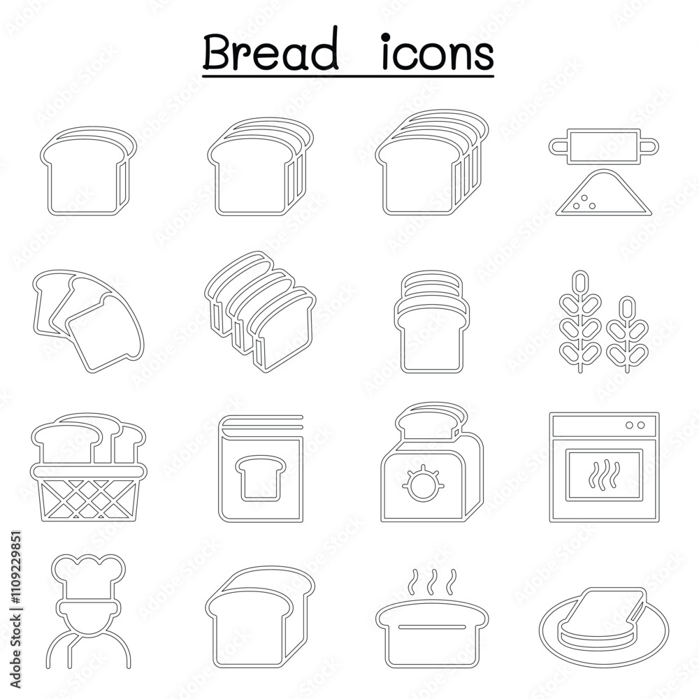 Bread, Loaf, Bakery & Pastry icon set in thin line style Bread, Loaf, Bakery & Pastry icon set in thin line style