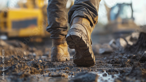 A close-up of the feet and boots worn by an industrial worker, walking on a construction site ground covered in dirt. 