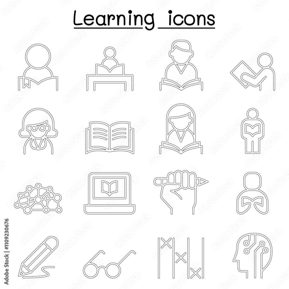 Study, Learning, Education icon set in thin line style Study, Learning, Education icon set in thin line style