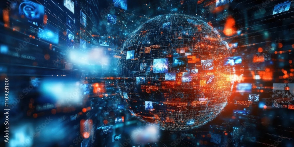 Photos surround a digital sphere, showcasing network engagement. Photos surround a digital sphere, showcasing network engagement.