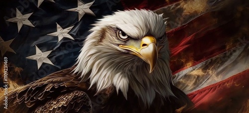 The eagle symbolizes freedom against the backdrop of the stars and stripes. photo