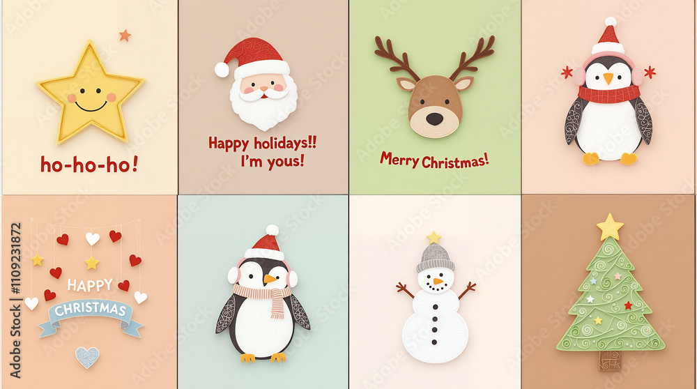 Fototapeta premium Christmas cards, New Year's cards, banners: Santa Claus, reindeer, Christmas trees, candles, cookies, chocolate, snowballs, snowmen, and more