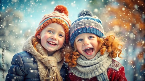 Cheerful happy girl and boy wearing in warm winter clothing in a snowy park, two children having fun in vacation