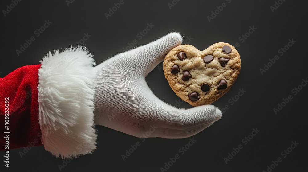 Fototapeta premium Santa’s gloved hand holding a heart-shaped cookie with chocolate chips on a dark background 