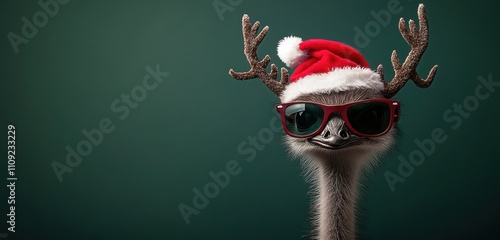 A fun, professional photograph featuring a cute emu wearing sunglasses, a Santa hat, and reindeer antlers. 