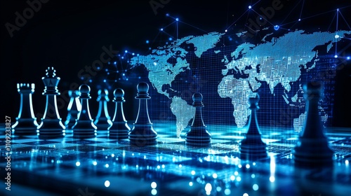 A futuristic chessboard scene with digital elements and a world map, depicting strategy and technology in a global context.