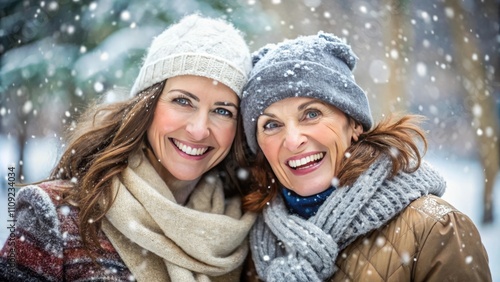 portrait of joyful couple of women in winter clothes, two woman enjoy together in a snowy park with with falling snowflakes