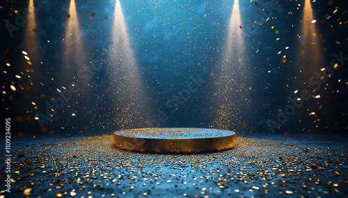 Dynamic gold confetti shower event stage 3d render studio environment dramatic lighting concept