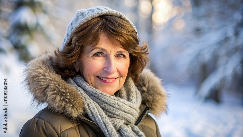 portrait of a person in winter, happy old woman wearing in winter clothing enjoys winter walk in snowy park portrait of a person in winter, happy old woman wearing in winter clothing enjoys winter walk in snowy park