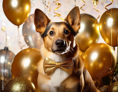 Un chien habillé d’un nœud papillon doré, entouré de ballons de Nouvel An et de serpentins photo