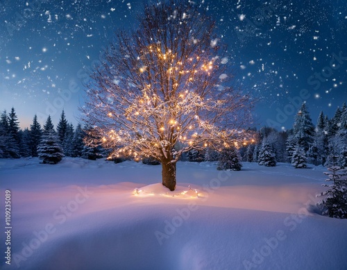 Un paysage enneigé avec un sapin décoré de guirlandes lumineuses, entouré de flocons de neige tombant doucement. photo