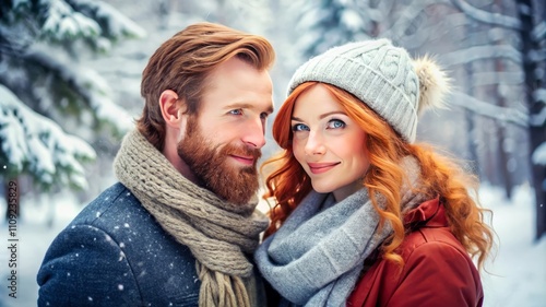 Joyful woman and man wearing in winter clothing enjoys winter walk in snowy park