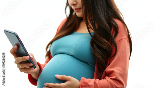 Pregnancy app. Mobile pregnancy online maternity application. Pregnant mother using phone. Pregnancy, medicine, pharmaceutics, health care and people concept with a white accent, png