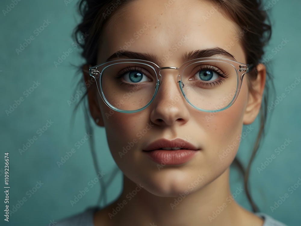 Fototapeta premium Woman with clear glasses and turquoise eyes on blue background.
