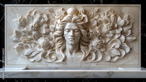 Serene Stone Carving Woman s Face Amidst Flowers Beige Marble Relief Sculpture Intricate Detail photo