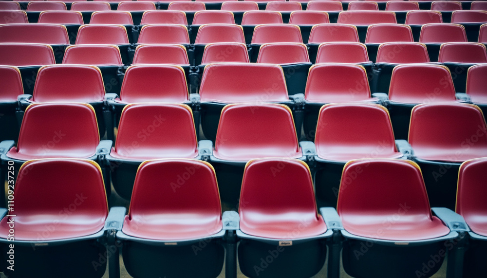 Rows of red seats arranged in a vacant auditorium space Rows of red seats arranged in a vacant auditorium space