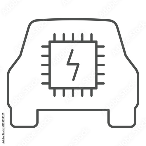 Processor inside electric car thin line icon, Electronics industry concept. Vector graphics. Processor CPU sign on white background, outline style icon for mobile or web design.