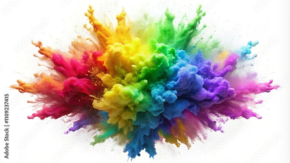 Obraz premium Rainbow paint color explosion, vibrant splashes, isolated on a white background for impact.