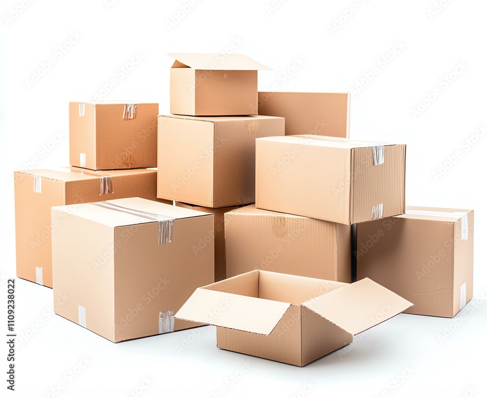 A stacked arrangement of cardboard boxes in various sizes, ideal for packing and shipping. Perfect for use in logistics, storage, and e-commerce contexts. A stacked arrangement of cardboard boxes in various sizes, ideal for packing and shipping. Perfect for use in logistics, storage, and e-commerce contexts.