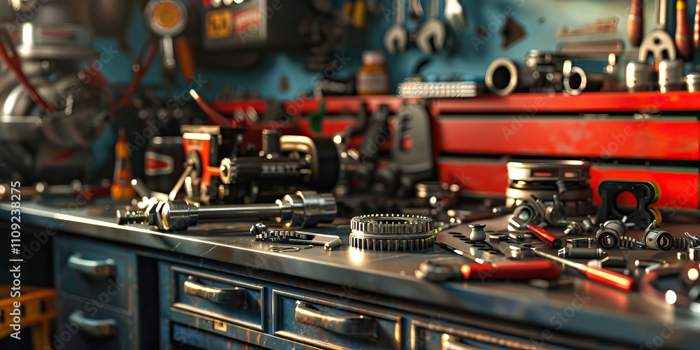 Close-up of a mechanic's desk with tools and car parts, symbolizing a job in automotive repair. Close-up of a mechanic's desk with tools and car parts, symbolizing a job in automotive repair.