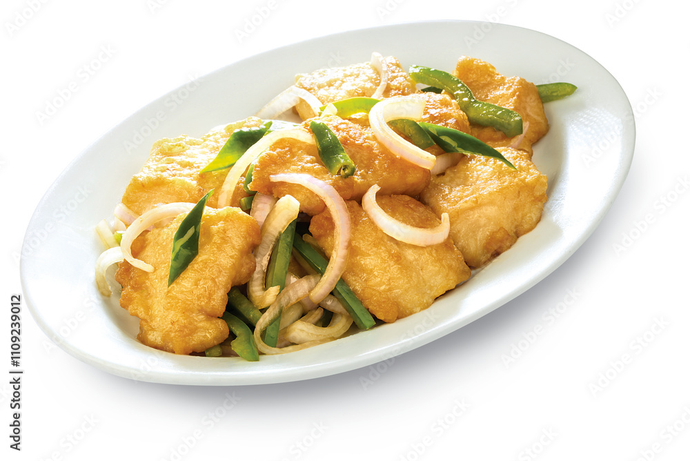 FISH GREEN CHILLI SOY SERVED IN WHITE TRAY FISH GREEN CHILLI SOY SERVED IN WHITE TRAY