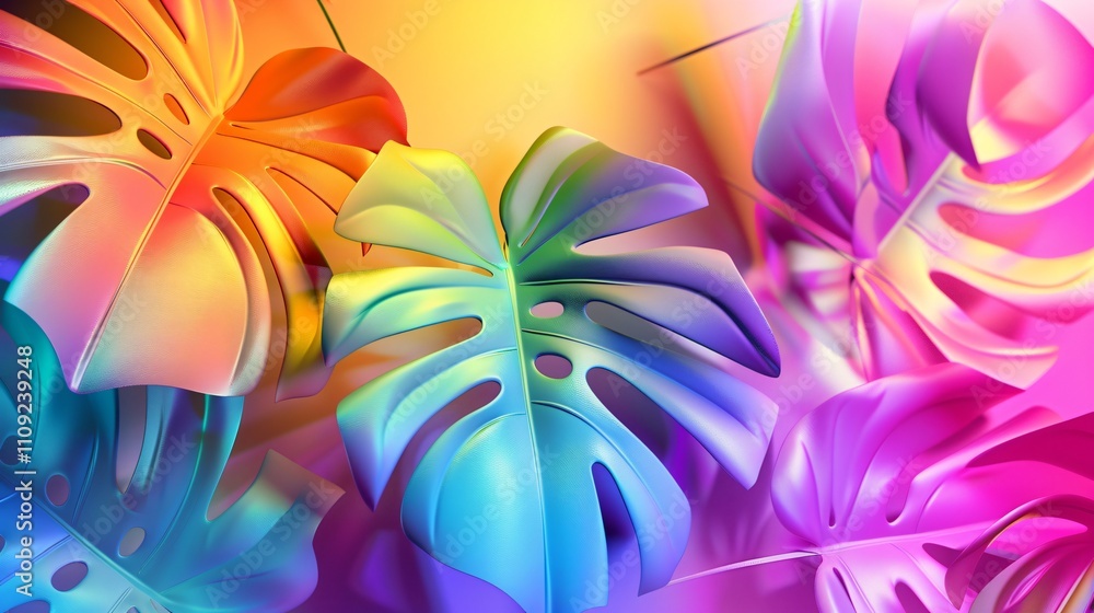 Fototapeta premium Vibrant tropical palm leaves with a neon gradient background create a lively visual effect
