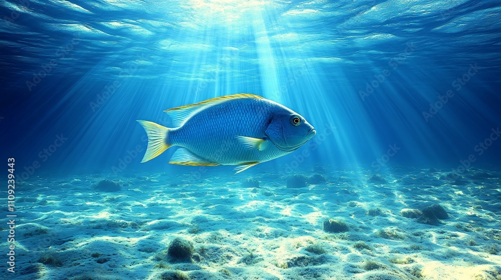 Fototapeta premium Vibrant blue fish swimming gracefully in a sunlit underwater environment