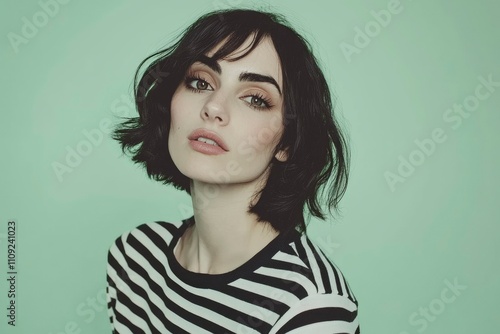 Young Woman With Short Black Hair Wearing Stripes