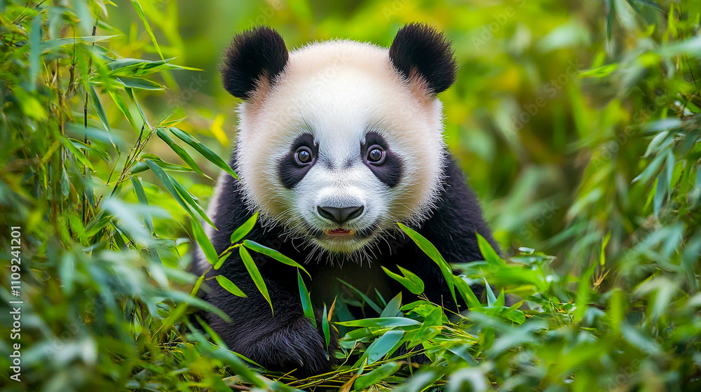 Fototapeta premium Adorable young giant panda (Ailuropoda melanoleuca) in a lush bamboo forest, Chengdu, Sichuan, China, showcasing playful behavior and vibrant surroundings.