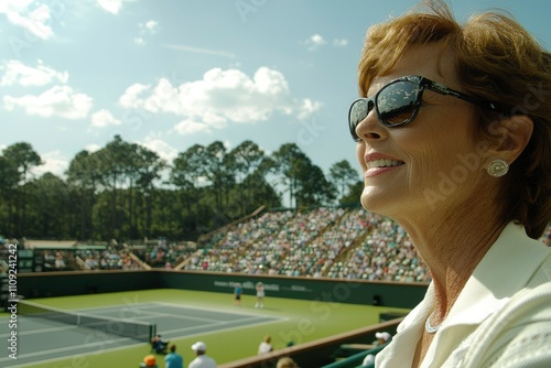 Woman Watching Tennis Match At Outdoor Stadium