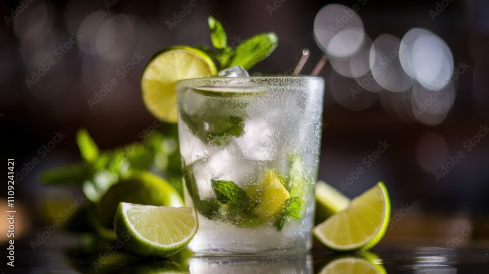 Fototapeta premium A refreshing mojito with mint leaves and lime slices.