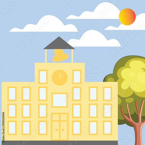 Vector illustration of a school. School building and background.