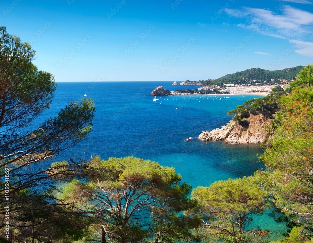 Fototapeta premium sea bay summer view with conifer trees in front costa brava catalonia spain