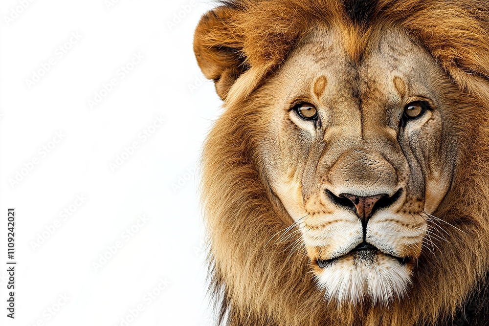 Naklejka premium Majestic lion portrait with sharp details on a clean white background