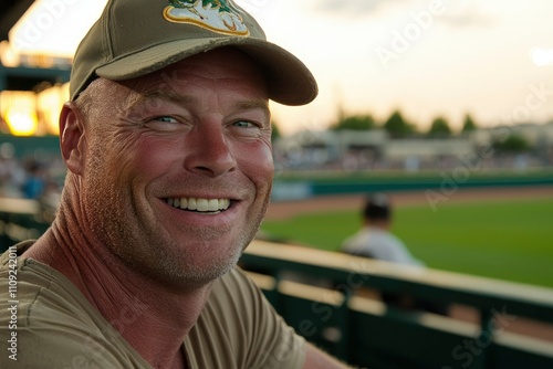 Happy Man Smiling at Baseball Game Wearing Cap