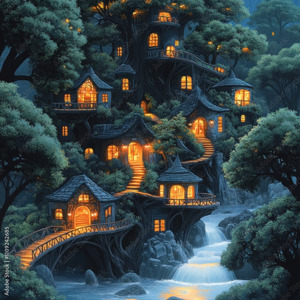 Obraz premium A whimsical treehouse village illuminated at dusk, nestled among lush trees and a flowing stream.