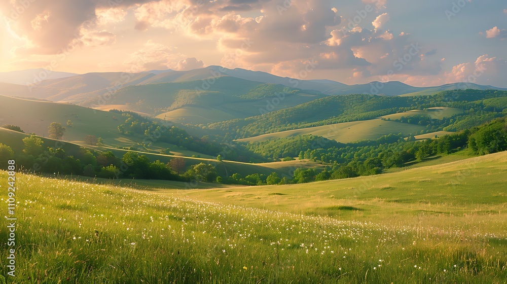 Obraz premium panorama of romania countryside at sunset in evening light. wonderful springtime landscape in mountains. grassy field and rolling hills. rural scenery
