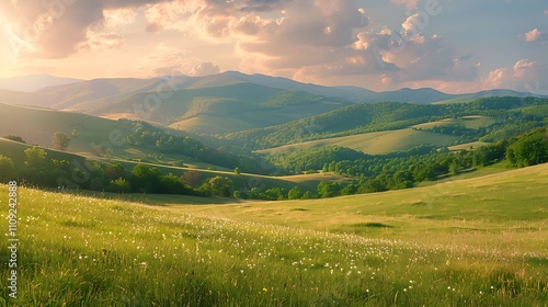 panorama of romania countryside at sunset in evening light. wonderful springtime landscape in mountains. grassy field and rolling hills. rural scenery