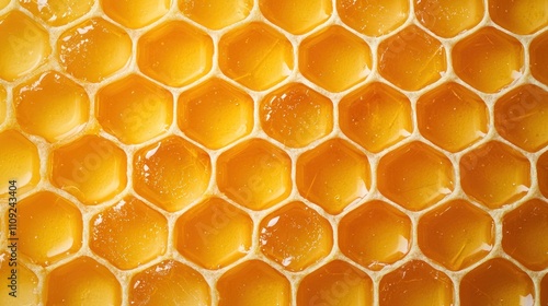 Close-Up View of Golden Honeycomb with Hexagonal Cells and Sweet Nectar Texture