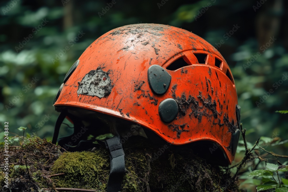Weathered orange climbing helmet resting on a mossy log in a forest Weathered orange climbing helmet resting on a mossy log in a forest