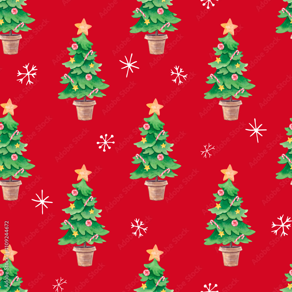 Seamless pattern with Christmas tree and snowflakes on a red background. The watercolor illustration is hand drawn. For fabric, wrapping paper, packaging. Seamless pattern with Christmas tree and snowflakes on a red background. The watercolor illustration is hand drawn. For fabric, wrapping paper, packaging.
